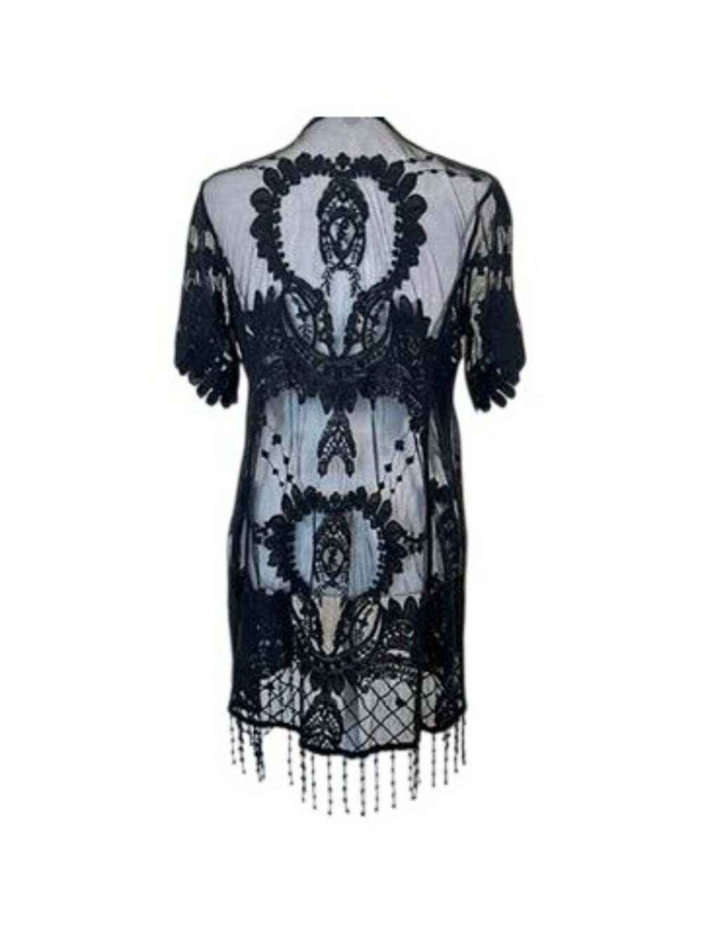 Witchy Black Mesh Lace Duster Cardigan Whimsigoth Festival Gothic Boho Fringe S - Picture 3 of 12